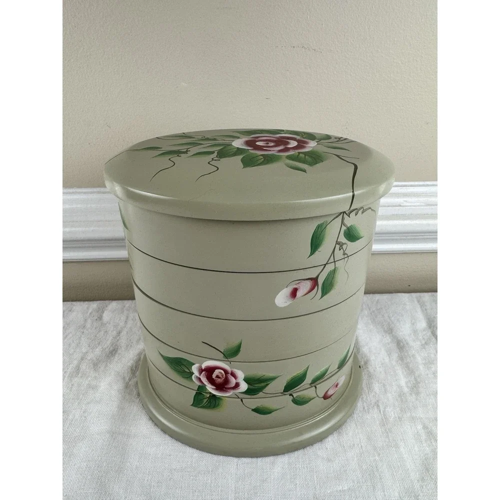 FlexZorb Hand Painted Rose Swivel Wooden Jewelry Box 4 Tier Sage Green Oval